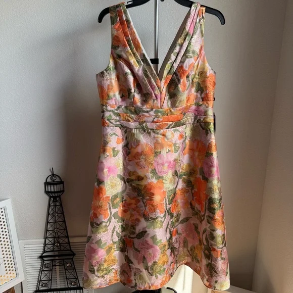 NWT Adrianna Papell- Multi Floral Jacquard Midi Dress Sz 14 - Picture 9 of 16